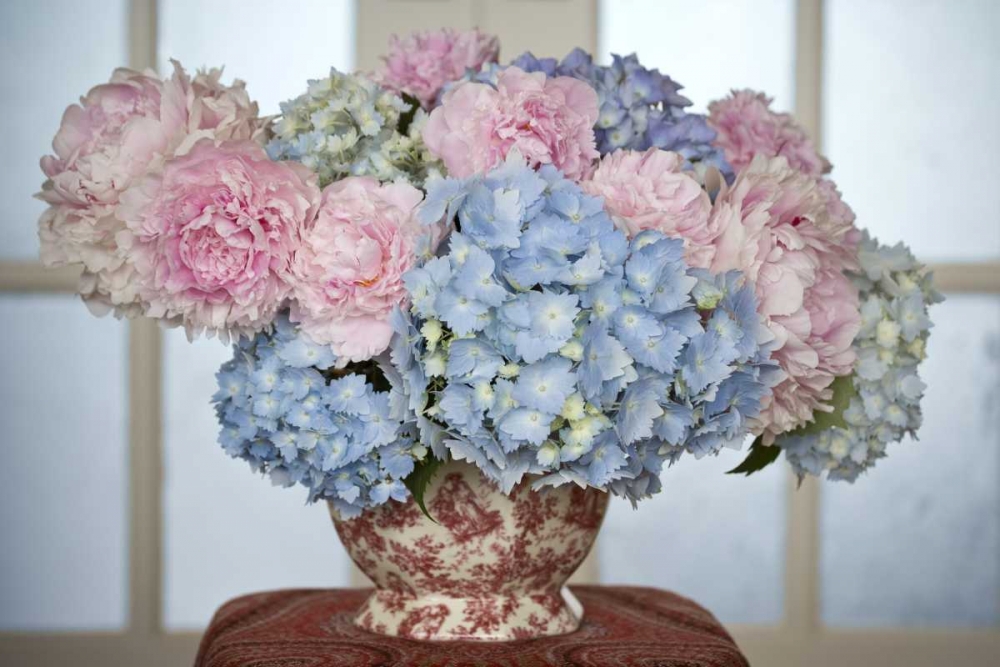 Hydrangea and peony flower arrangement on table art print by Don Paulson for $57.95 CAD