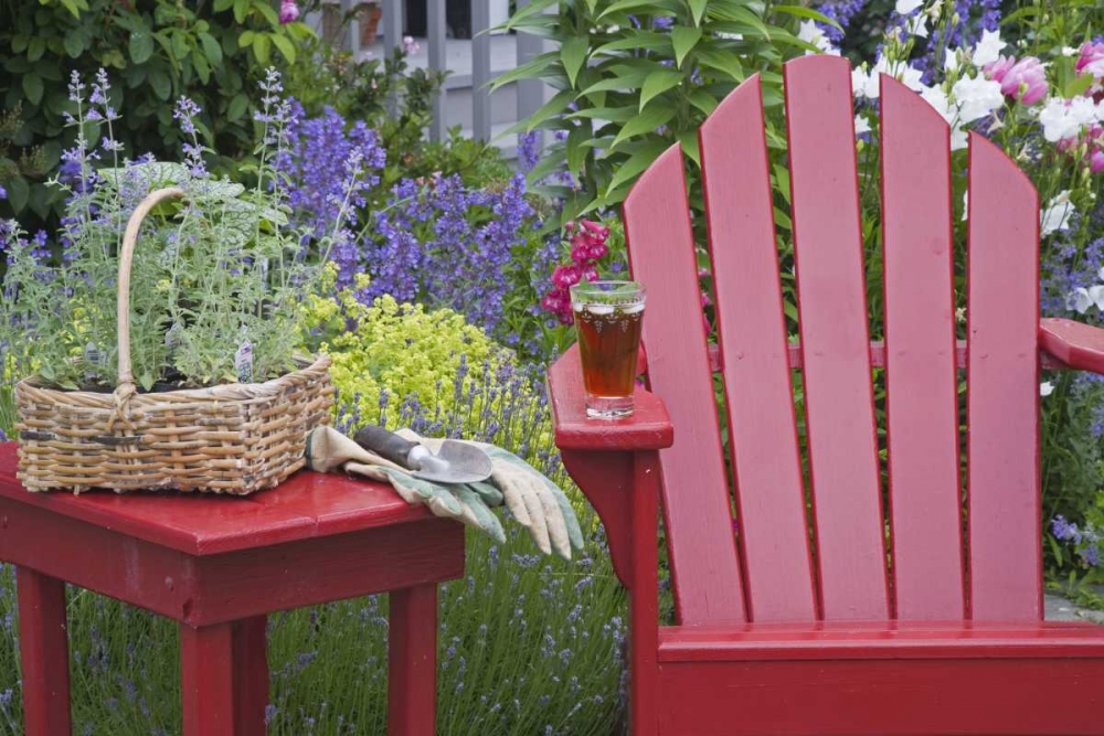 Ice tea rests on red chair while gardening art print by Don Paulson for $57.95 CAD
