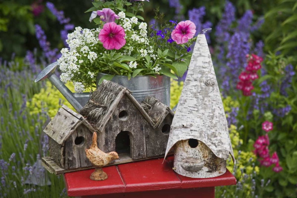 Bird houses and planter on garden table art print by Don Paulson for $57.95 CAD