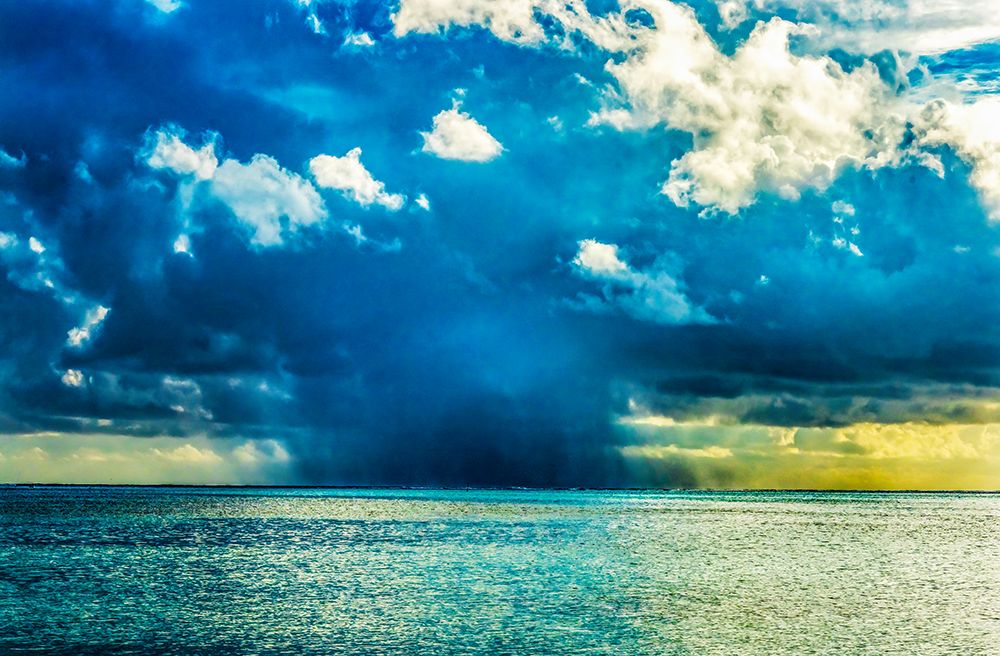 Rain storm cloud-Moorea-Tahiti-French Polynesia. Blue colors in lagoon and coral reefs art print by William Perry for $57.95 CAD