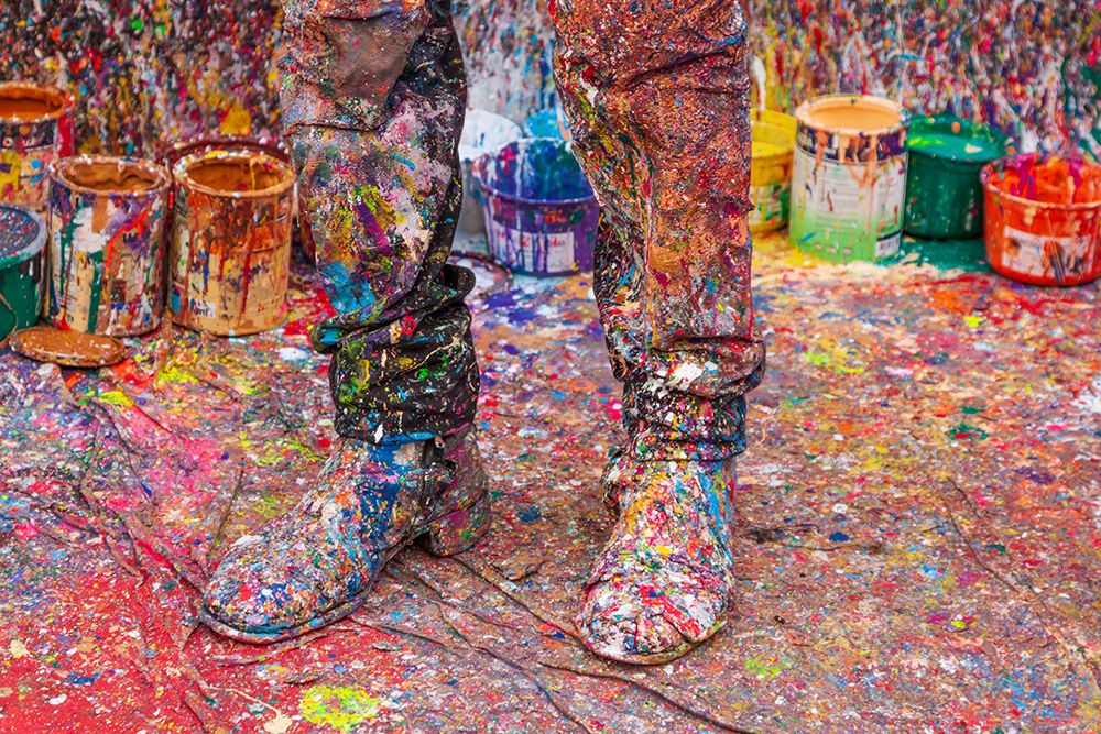 Argentina- Buenos Aires. Colorful paint spatters on artists boots. art print by Tom Haseltine for $57.95 CAD
