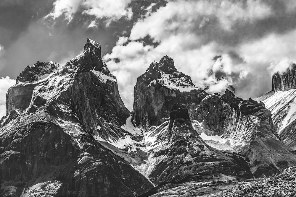 Black and white Paine Horns three granite peaks-Torres del Paine National Park-Patagonia-Chile art print by William Perry for $57.95 CAD