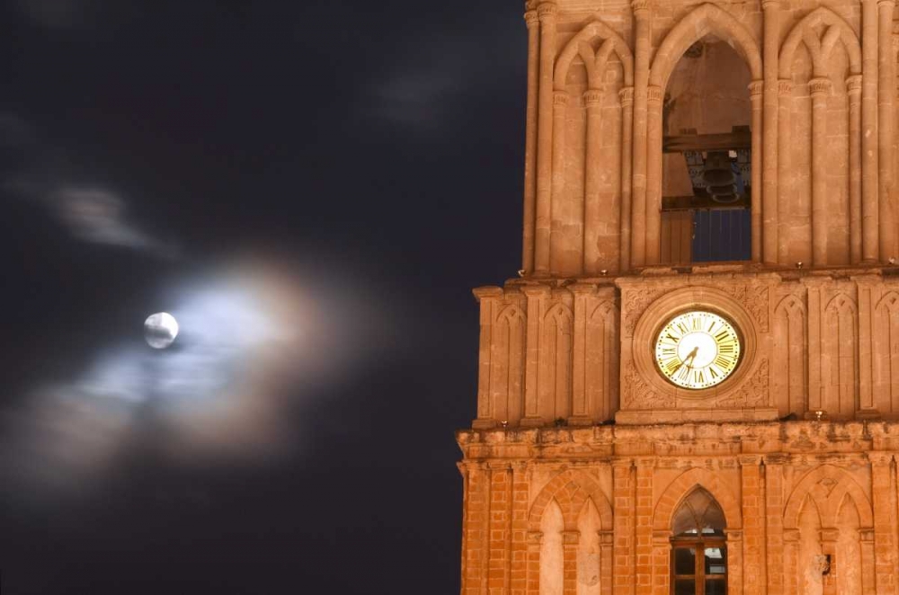 Mexico, Evening sky with moon and church clock art print by Nancy Rotenberg for $57.95 CAD