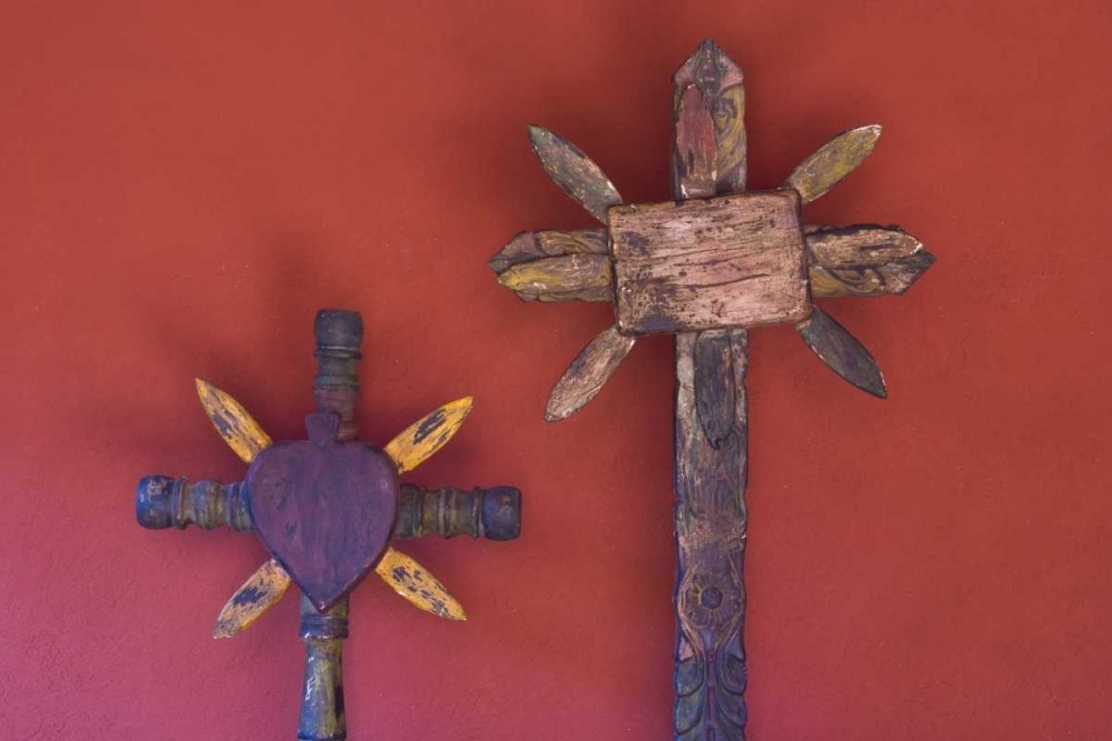 Mexico Two wooden crosses against red wall art print by Bill Young for $57.95 CAD