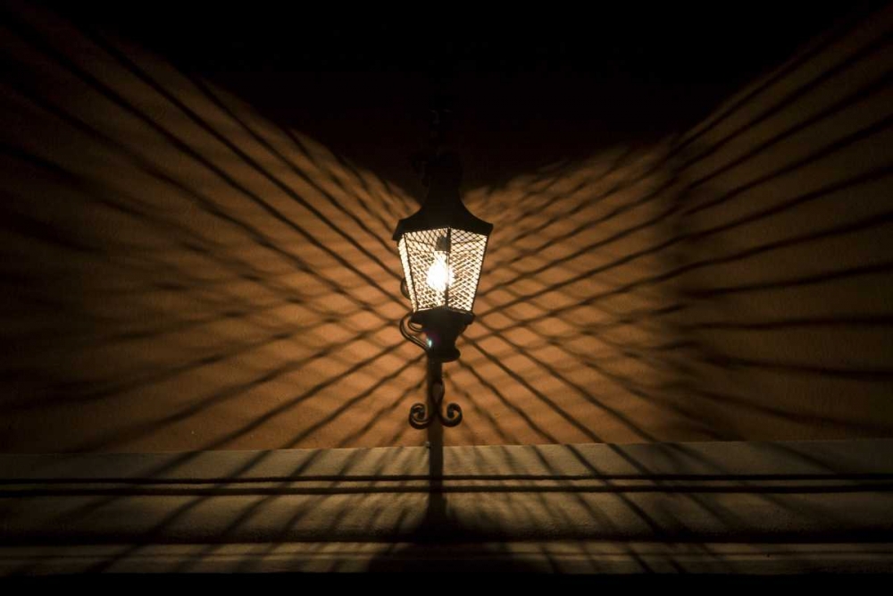 Mexico Wire cage lamp at night creates shadows art print by Bill Young for $57.95 CAD