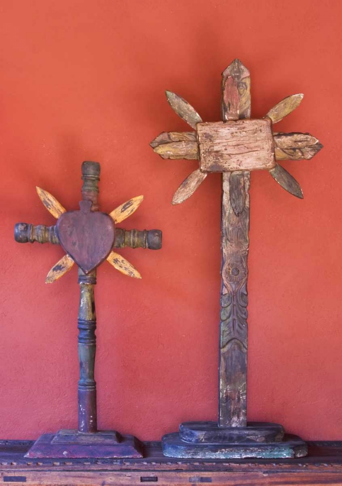 Mexico Two wooden crosses against red wall art print by Bill Young for $57.95 CAD