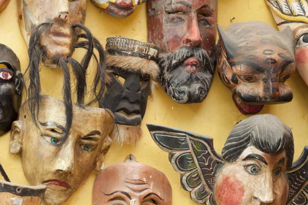 Mexico Masks on display in shop art print by Don Paulson for $57.95 CAD