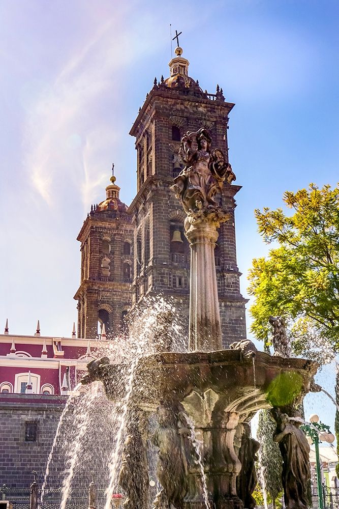 Sun Rays Zocalo Park Plaza San Miguel Archangel Fountain Cathedral Puebla-Mexico art print by William Perry for $57.95 CAD