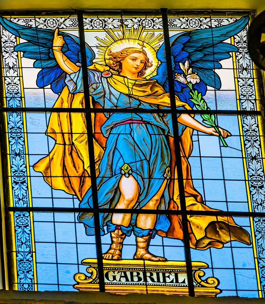 Colorful Archangel Gabriel Stained glass Cathedral Puebla-Mexico Built in 15 to 1600s art print by William Perry for $57.95 CAD