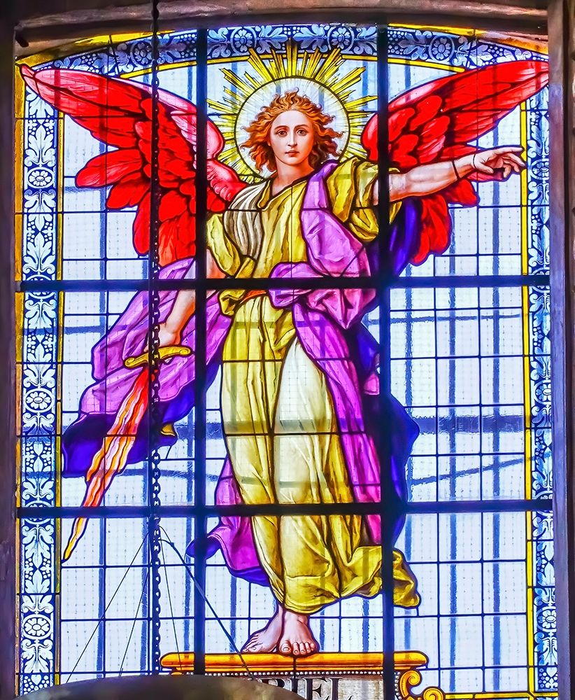 Colorful Archangel Uriel Stained glass Cathedral Puebla-Mexico Built in 15 to 1600s art print by William Perry for $57.95 CAD