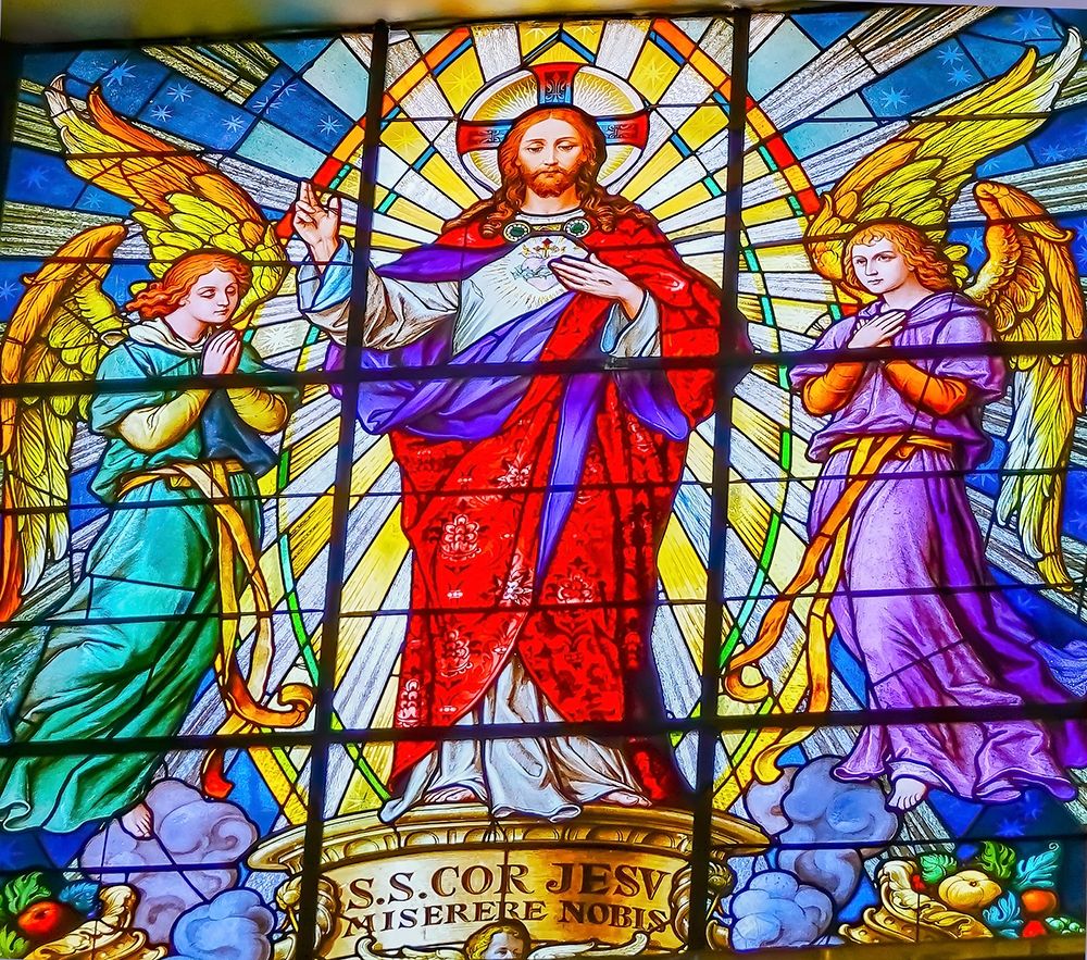 Colorful Jesus Archangels Stained glass Cathedral Puebla-Mexico Church built in 15 to 1600s art print by William Perry for $57.95 CAD