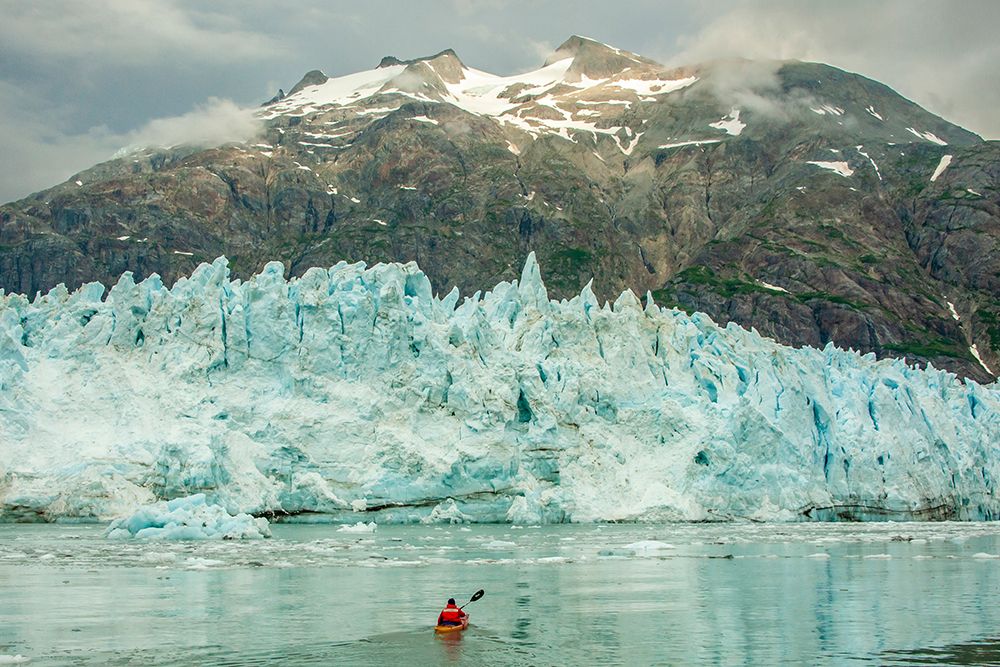 USA-Alaska-Glacier Bay National Park Margerie Glacier ice and man in kayak art print by Jaynes Gallery for $57.95 CAD