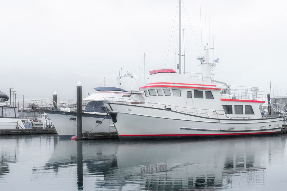Alaska- Valdez. Two fishing boat in a foggy marina. art print by Janet Muir for $57.95 CAD