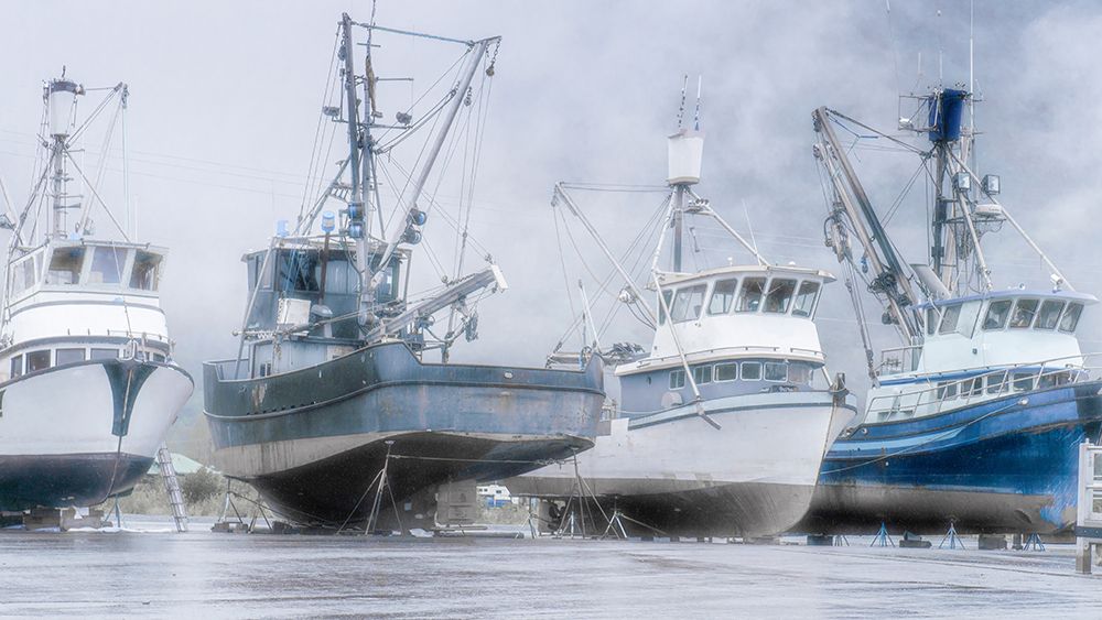 Alaska- Valdez. Fishing boats on dry dock. Artistic rendering. art print by Janet Muir for $57.95 CAD