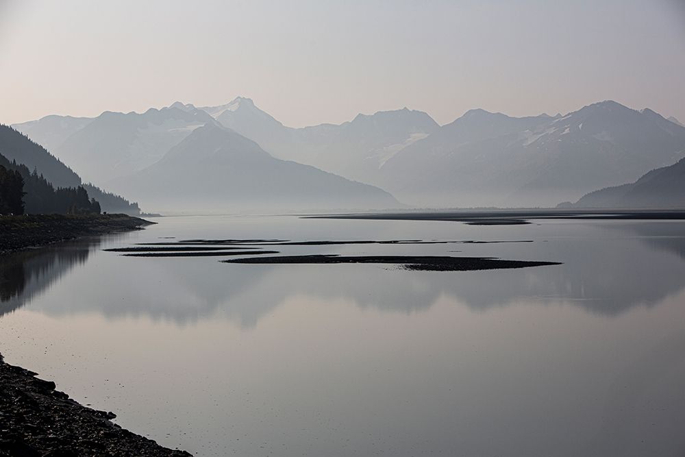 Cook Inlet-Alaska-waterway-curve-mountains-black and white art print by Jolly Sienda for $57.95 CAD