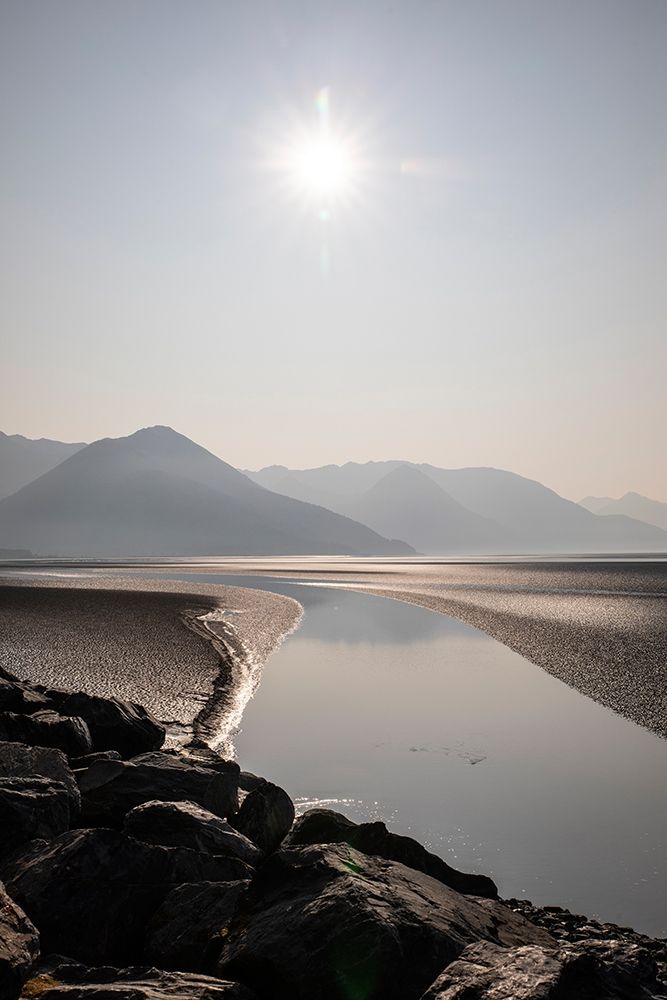 Cook Inlet-Alaska-curved stream-mountains-black and white-sunburst art print by Jolly Sienda for $57.95 CAD