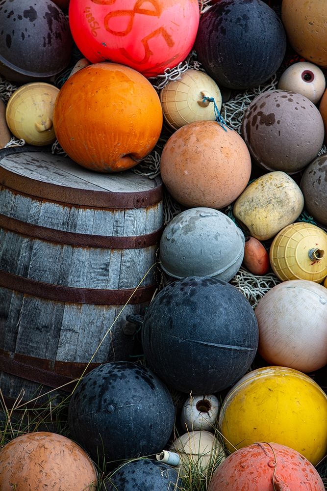 Homer-Alaska-Multi-colored buoy and a wine barrel art print by Jolly Sienda for $57.95 CAD
