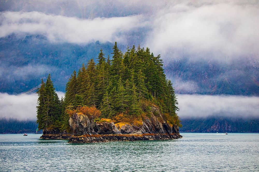 Prince William Sound-Alaska-Valdez-Island-evergreen trees-autumn-fog art print by Jolly Sienda for $57.95 CAD