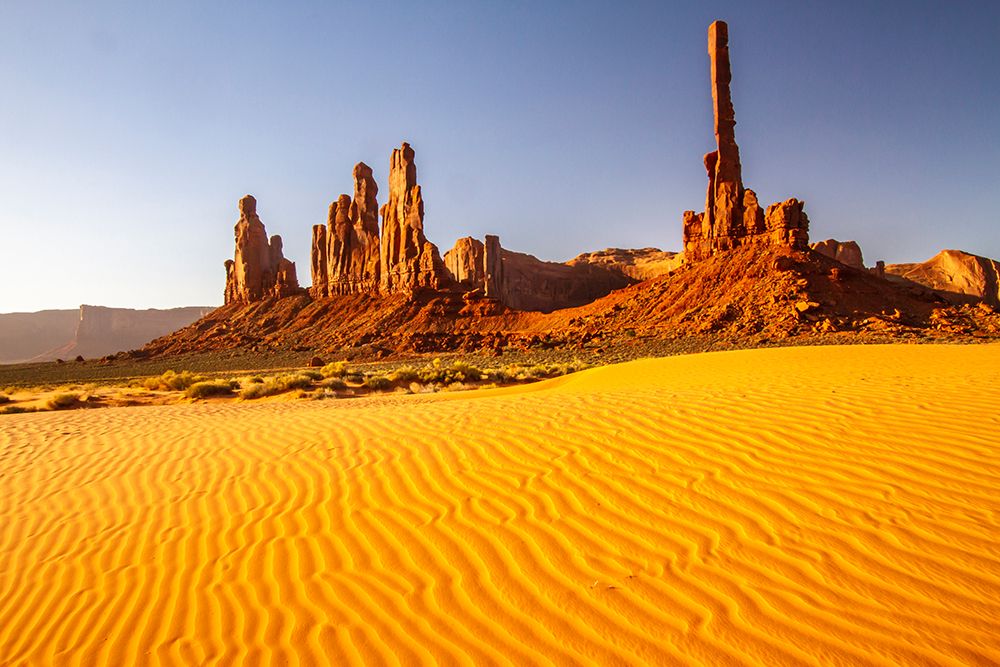 USA-Arizona-Monument Valley Navajo Tribal Park Eroded formations and sand dunes art print by Jaynes Gallery for $57.95 CAD
