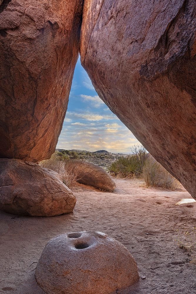 Ancient Native American mortar grinding stone in rock shelter at Council Rocks in the Dragoon Mount art print by Chuck Haney for $57.95 CAD