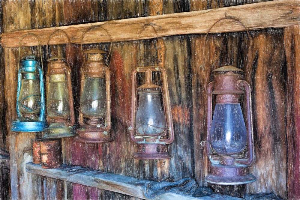 Painting effect on antique lanterns-Bodie State Historic Park viewed through window-California art print by Adam Jones for $57.95 CAD