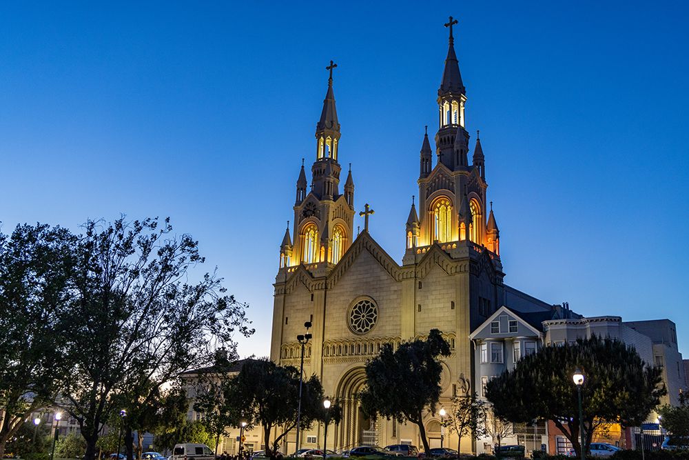 Saint Peter and Paul Church in Washington Square at dusk in San Francisco, California, USA. art print by Chuck Haney for $57.95 CAD