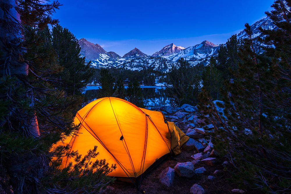 Yellow dome tent glowing at night in Little Lakes Valley-John Muir Wilderness-California-USA art print by Russ Bishop for $57.95 CAD