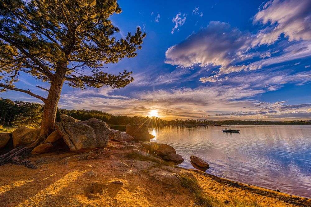 USA-Colorado-Dowdy Lake. Sunset on lake and people fishing in boat. art print by Jaynes Gallery for $57.95 CAD