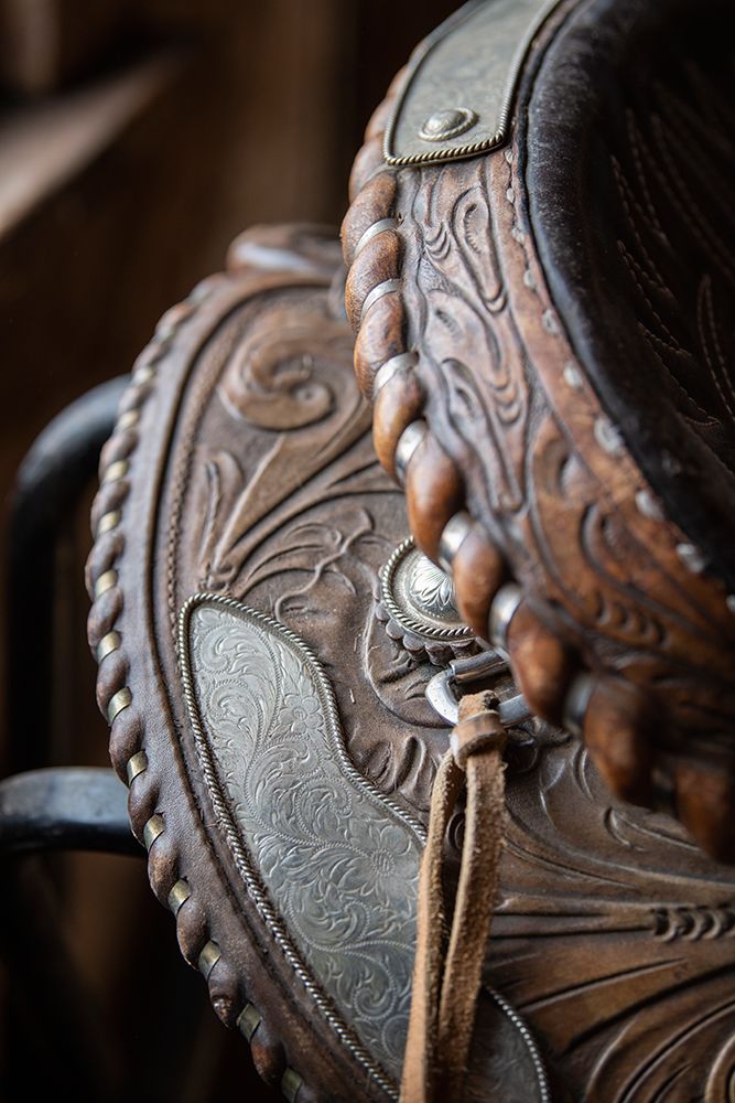 USA-Colorado-Custer County-Westcliffe-Music Meadows Ranch Tack room Tooled leather western saddle art print by Cindy Miller Hopkins for $57.95 CAD