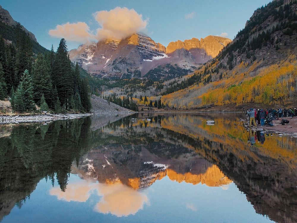 Colorado-Maroon Bells Mountain lake reflections in autumn sunrise art print by Julie Eggers for $57.95 CAD