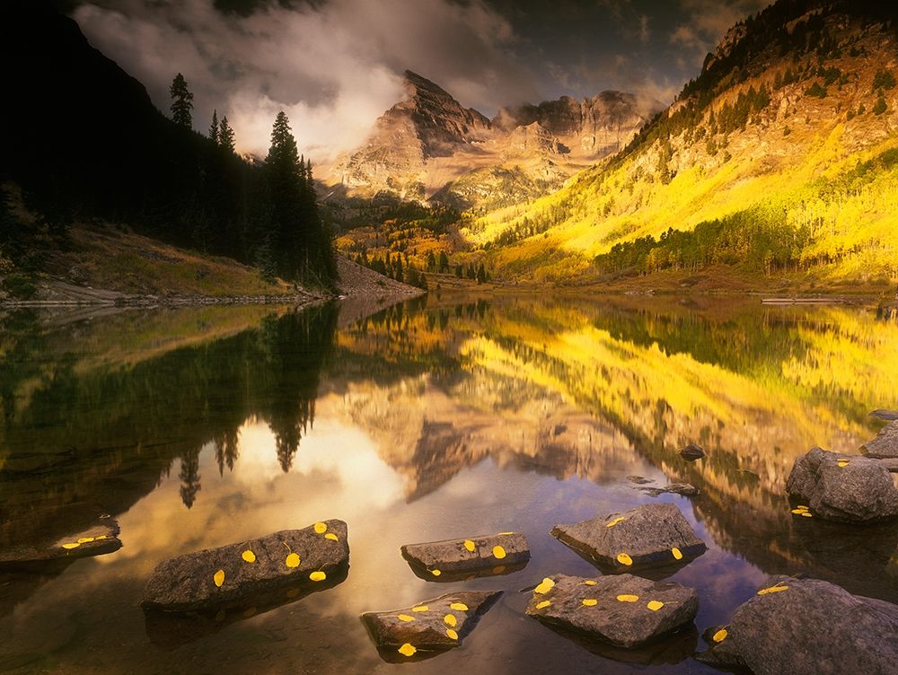 Maroon bells near Aspen Colorado in full Fall blazing yellow color art print by Steve Mohlenkamp for $57.95 CAD