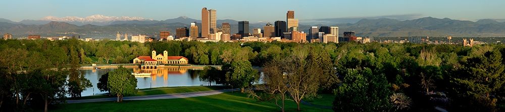 Denver skyline glistens in front of the Rocky Mountains art print by Steve Mohlenkamp for $57.95 CAD