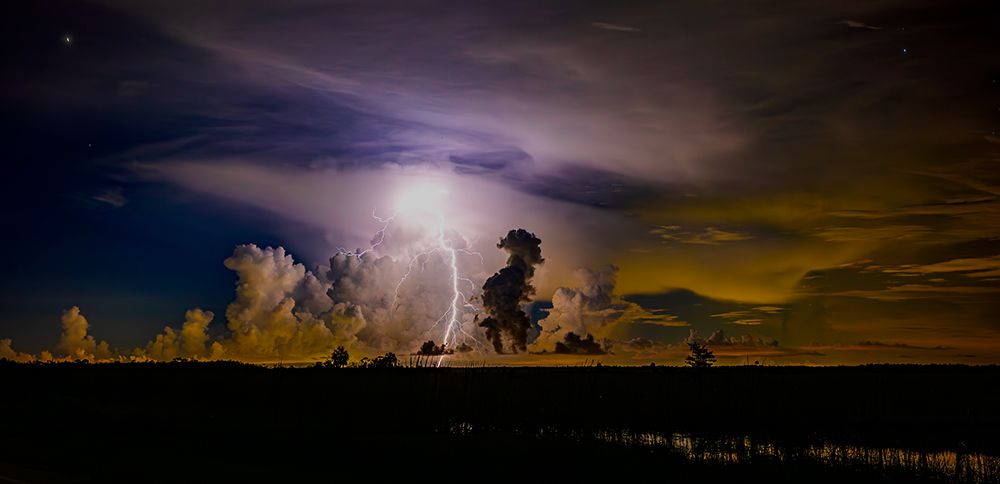 A distant thunder storm and sky draws contrast to the dark Big Cypress prairie. art print by Larry Richardson for $57.95 CAD