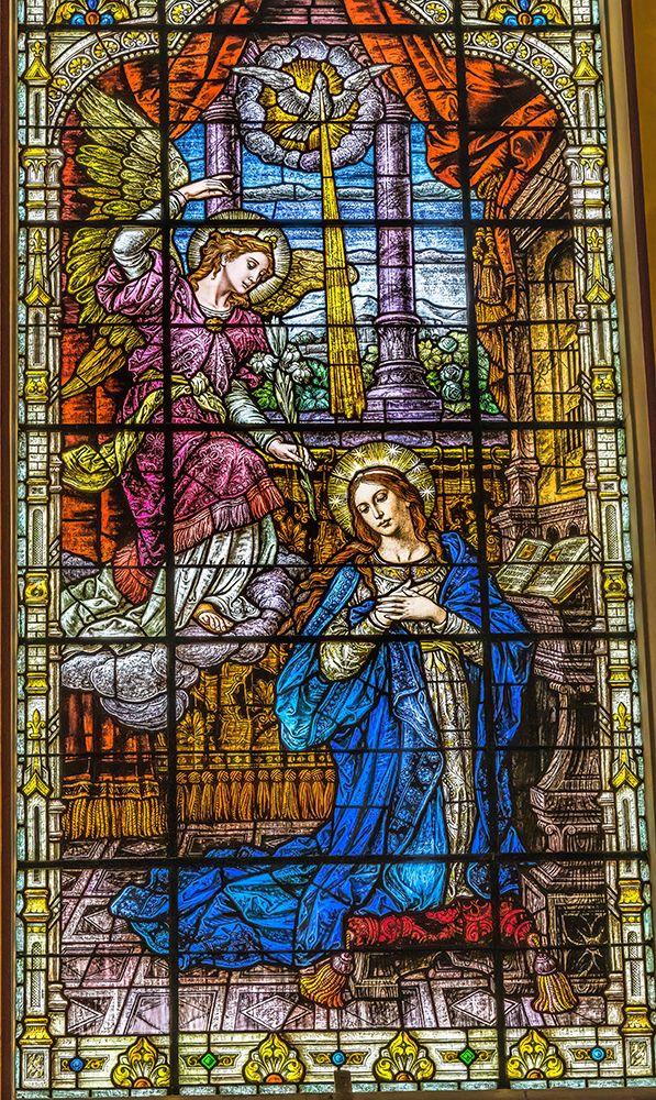 Stained glass Gesu Church-Miami-Florida. Angel Gabriel and Mary. Glass by Franz Mayer. art print by William Perry for $57.95 CAD