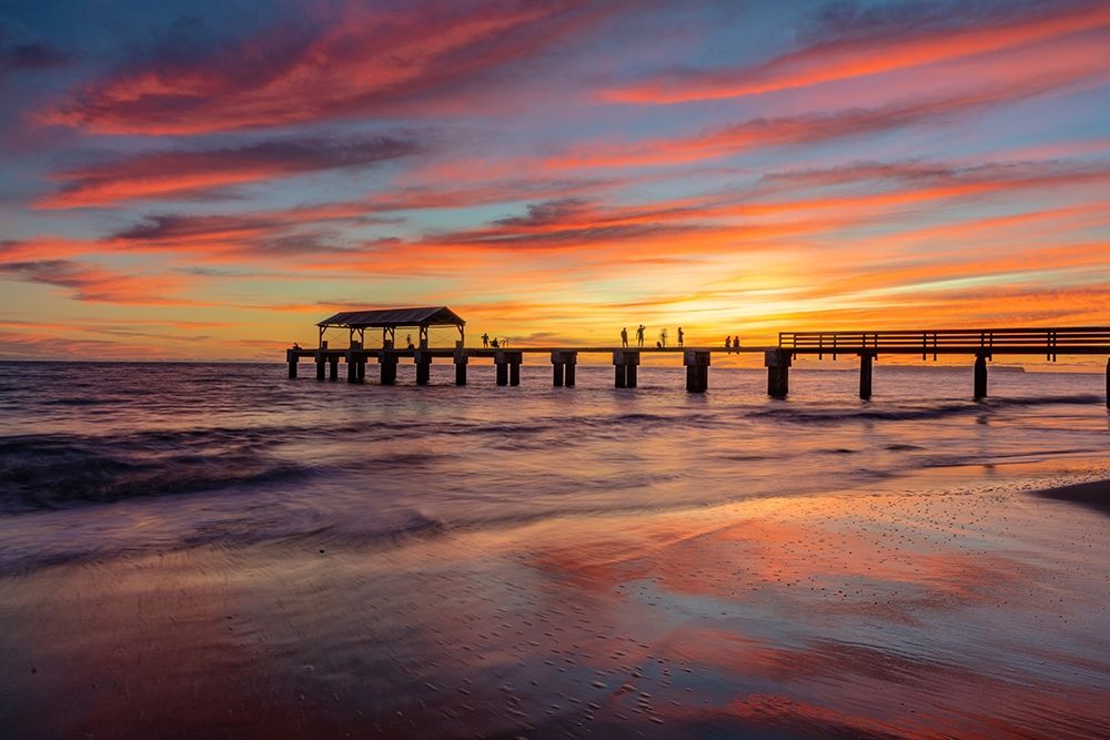 Vivid sunrise clouds silhouette Waimea Pier with Niihau Island in distance in Kauai-Hawaii-USA art print by Chuck Haney for $57.95 CAD
