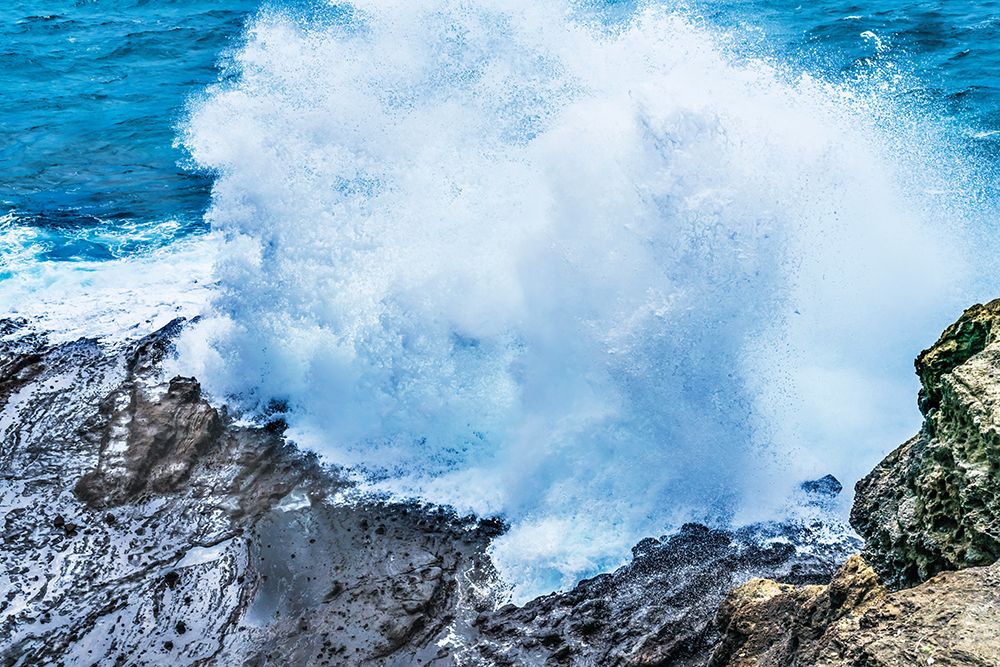 Halona Blowhole Lookout-Oahu-Hawaii. Waves roll in rock formation shoots sea spray in the air art print by William Perry for $57.95 CAD