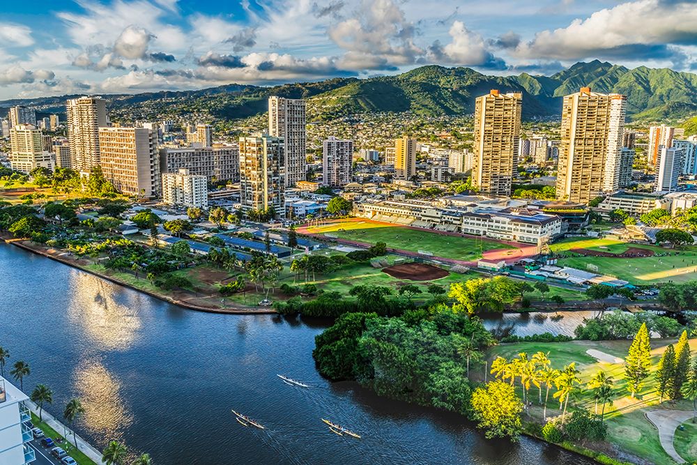 Colorful canoes, Ala Wai Canal reflection, Honolulu, Oahu, Hawaii. art print by William Perry for $57.95 CAD
