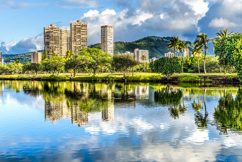 Ala Wai Canal reflection, Honolulu, Oahu, Hawaii. art print by William Perry for $57.95 CAD