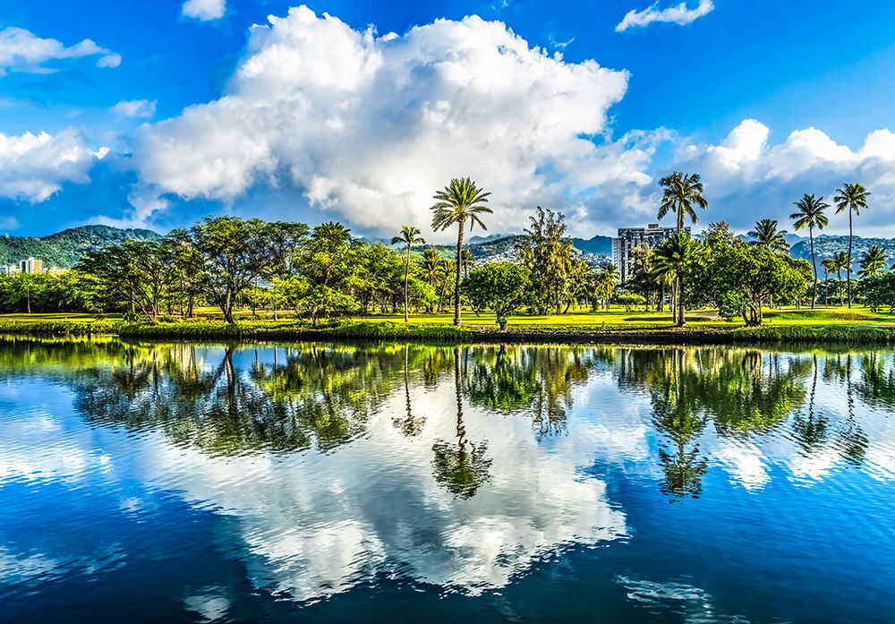 Ala Wai Canal reflection Waikiki, Honolulu, Oahu, Hawaii. art print by William Perry for $57.95 CAD