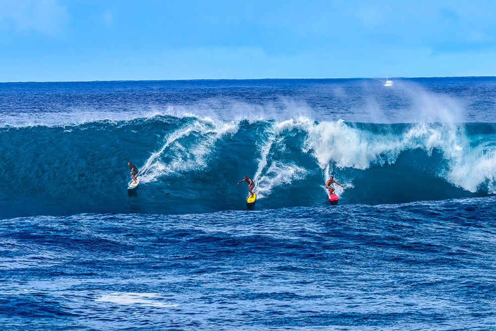 Surfer on large wave, Waimea Bay, North Shore, Oahu, Hawaii. Bay is famous for big wave surfing. art print by William Perry for $57.95 CAD