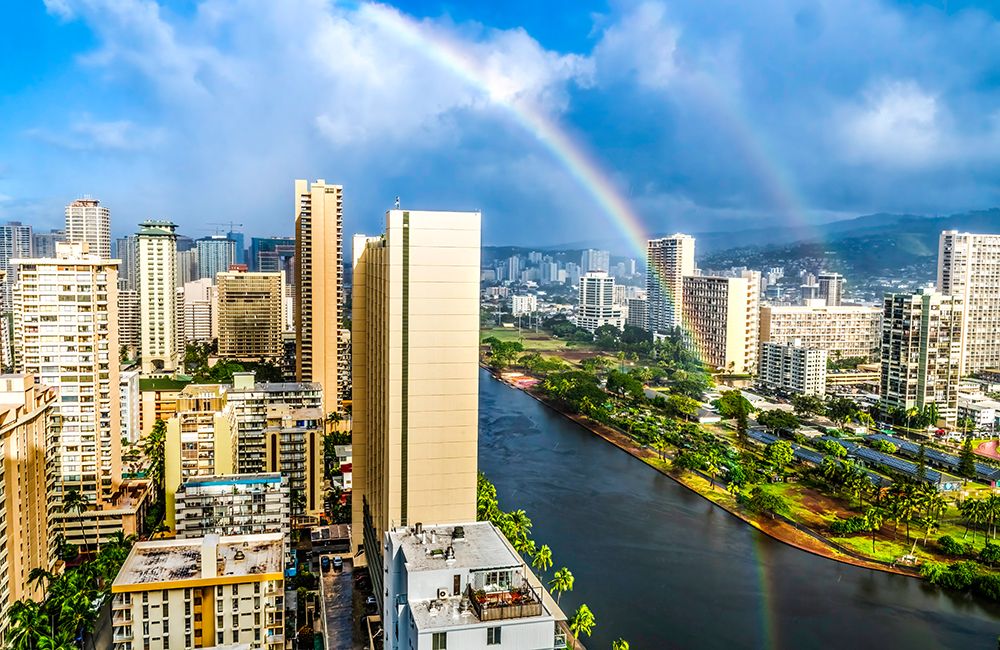 Colorful Ala Wai Canal Apartment Buildings, Honolulu, Oahu, Hawaii. art print by William Perry for $57.95 CAD