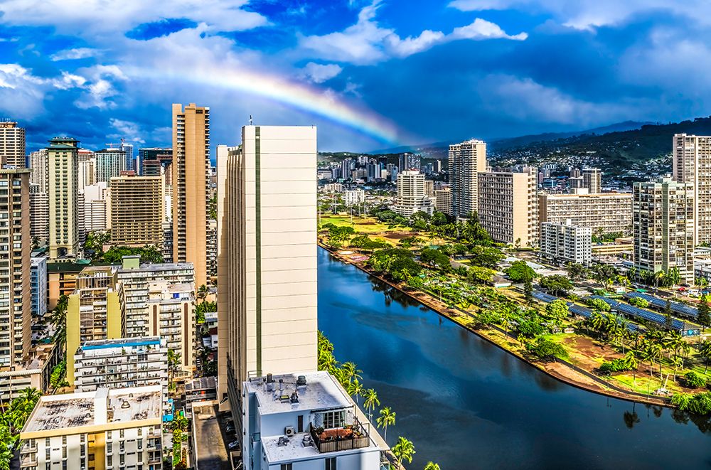 Colorful Ala Wai Canal Apartment Buildings, Honolulu, Oahu, Hawaii. art print by William Perry for $57.95 CAD