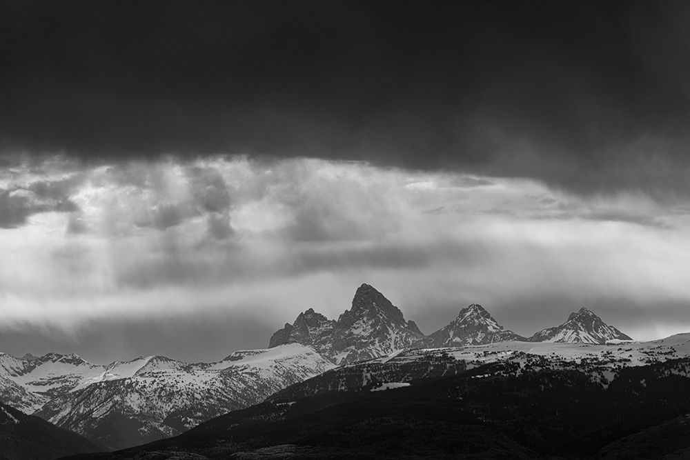 USA-Idaho. Black and White landscape of Virga clouds and view of Teton Mountains from the west. art print by Howie Garber for $57.95 CAD
