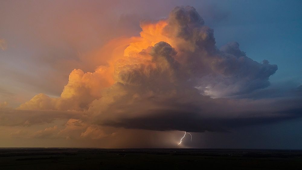 Aerial view of thunderstorm clouds and lightning at sunset-Marion County-Illinois art print by Richard and Susan Day for $57.95 CAD