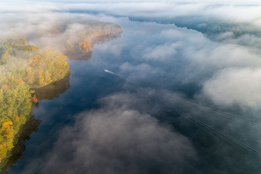 Boat on lake in fog in fall at Stephen A Forbes State Park-Marion County-Illinois art print by Richard and Susan Day for $57.95 CAD