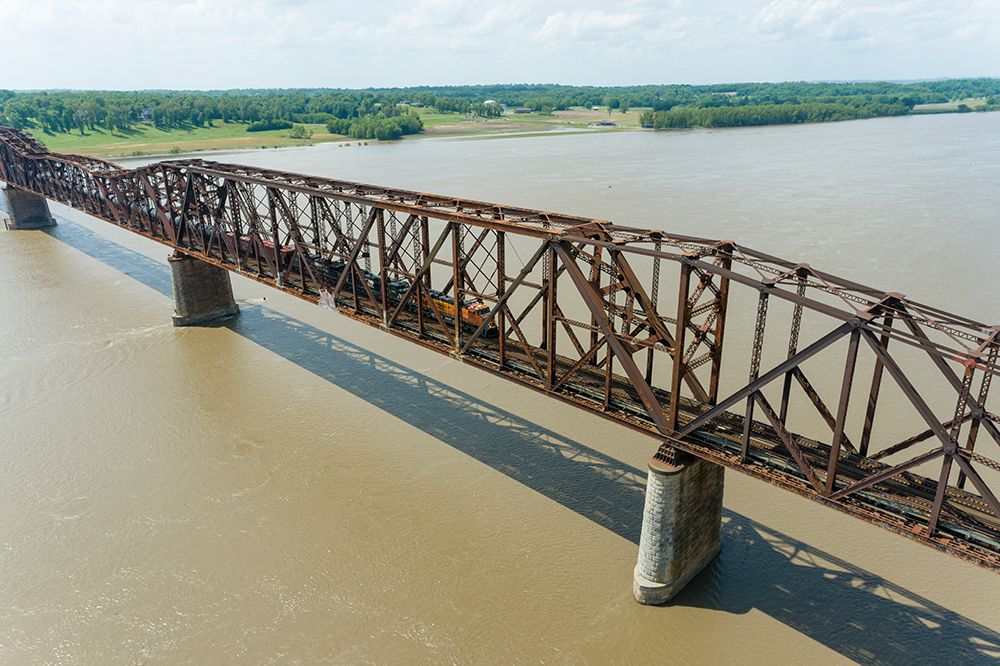 Freight train on Union Pacific railroad crossing the Mississippi river on the Thebes bridge Thebes- art print by Richard and Susan Day for $57.95 CAD