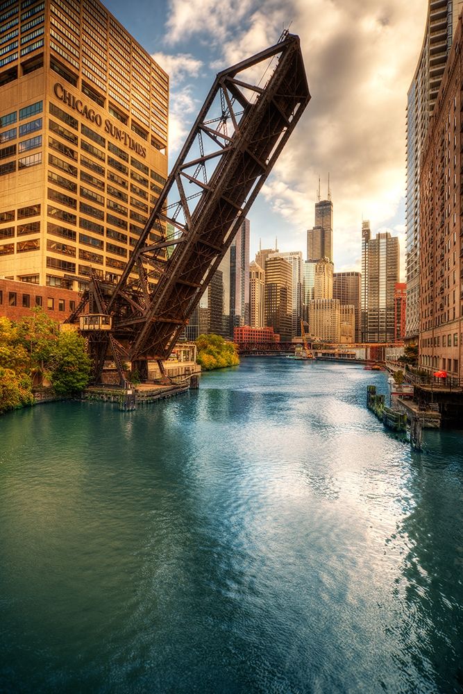 A drawbridge spans the Chicago river in Illinois art print by Steve Mohlenkamp for $57.95 CAD