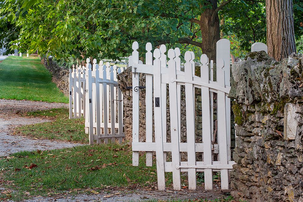 Gate and white wooden fence and rock wall-Shaker Village of Pleasant Hill-Harrodsburg-Kentucky art print by Adam Jones for $57.95 CAD