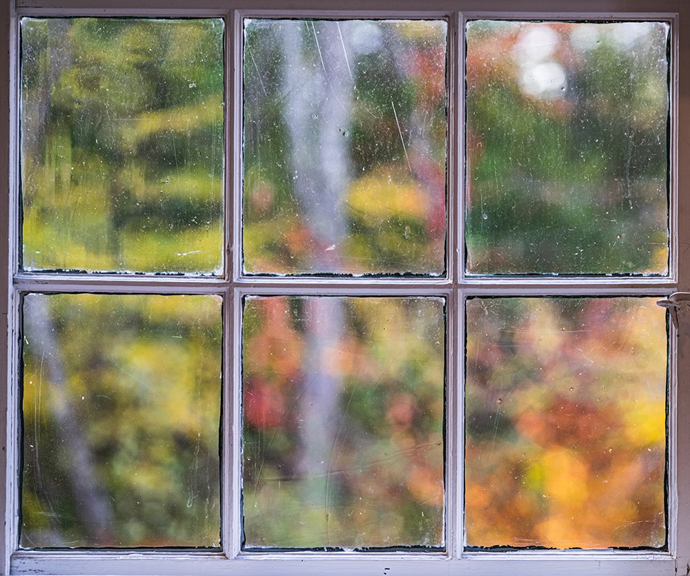 Fall colors through a window in Selectmen Building at Somesville Bridge in Maine. art print by George and Marilu Theodore for $57.95 CAD
