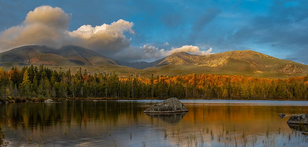 USA, Maine. Panoramic of Mount Katahdin and fall foliage with reflection in pond, Baxter State Park art print by Howie Garber for $57.95 CAD